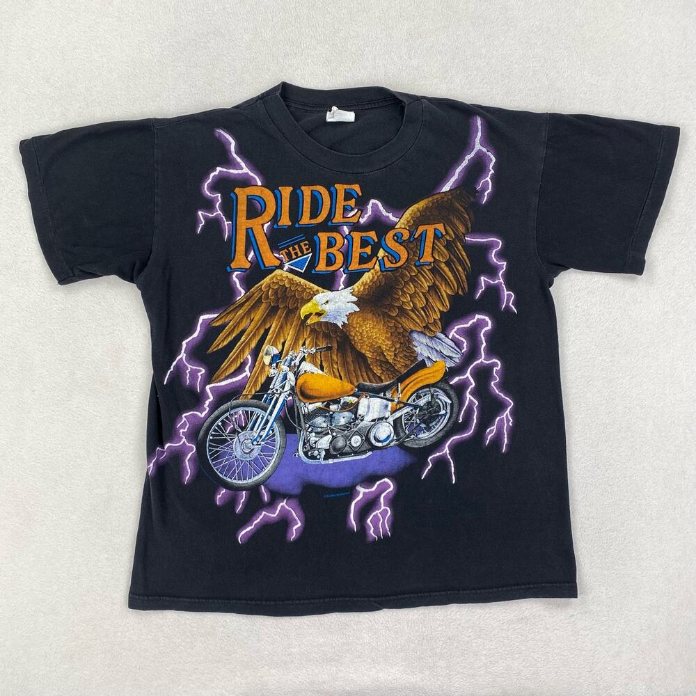 Vintage American Thunder Shirt Mens Large Black AOP Eagle Ride the Best 1995
